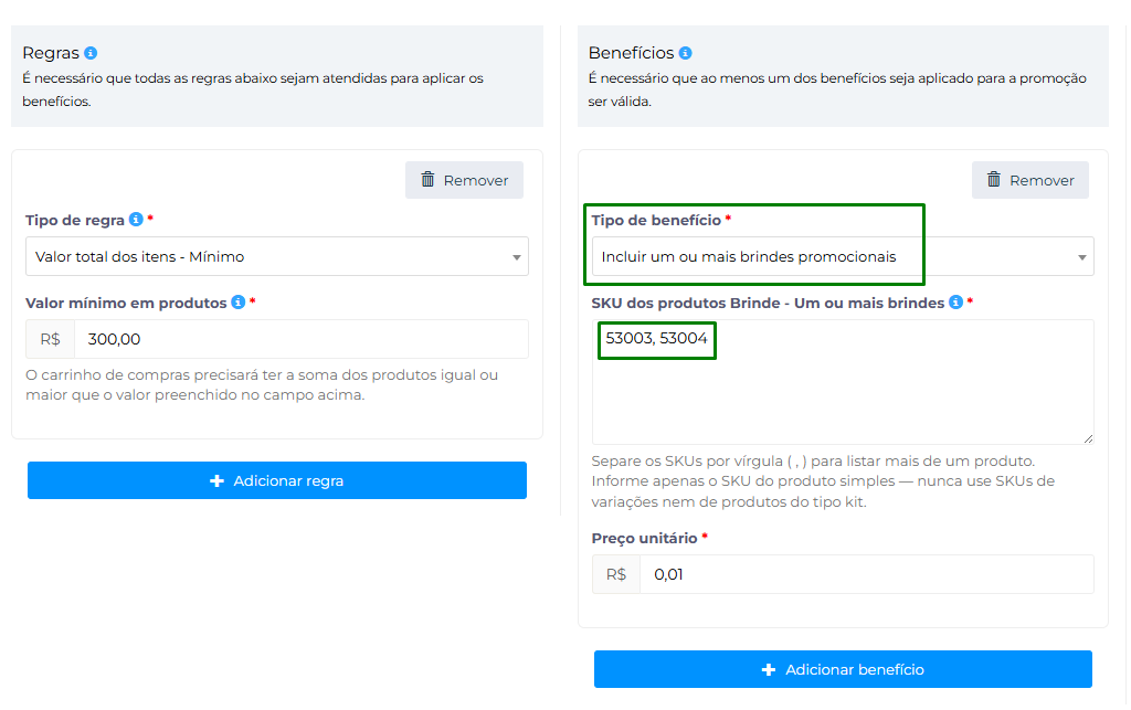 configurando a promoção