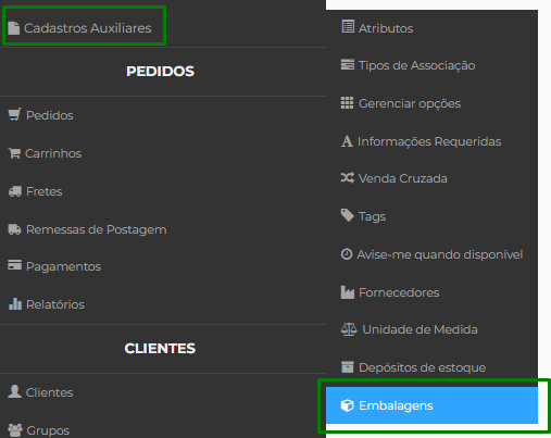 menu de embalagens